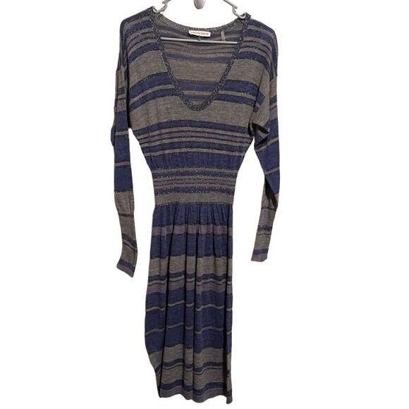 Rebecca Taylor- Women’s Metallic Blue Striped V-Neck Long Sleeve Dress, Size S - Picture 3 of 14